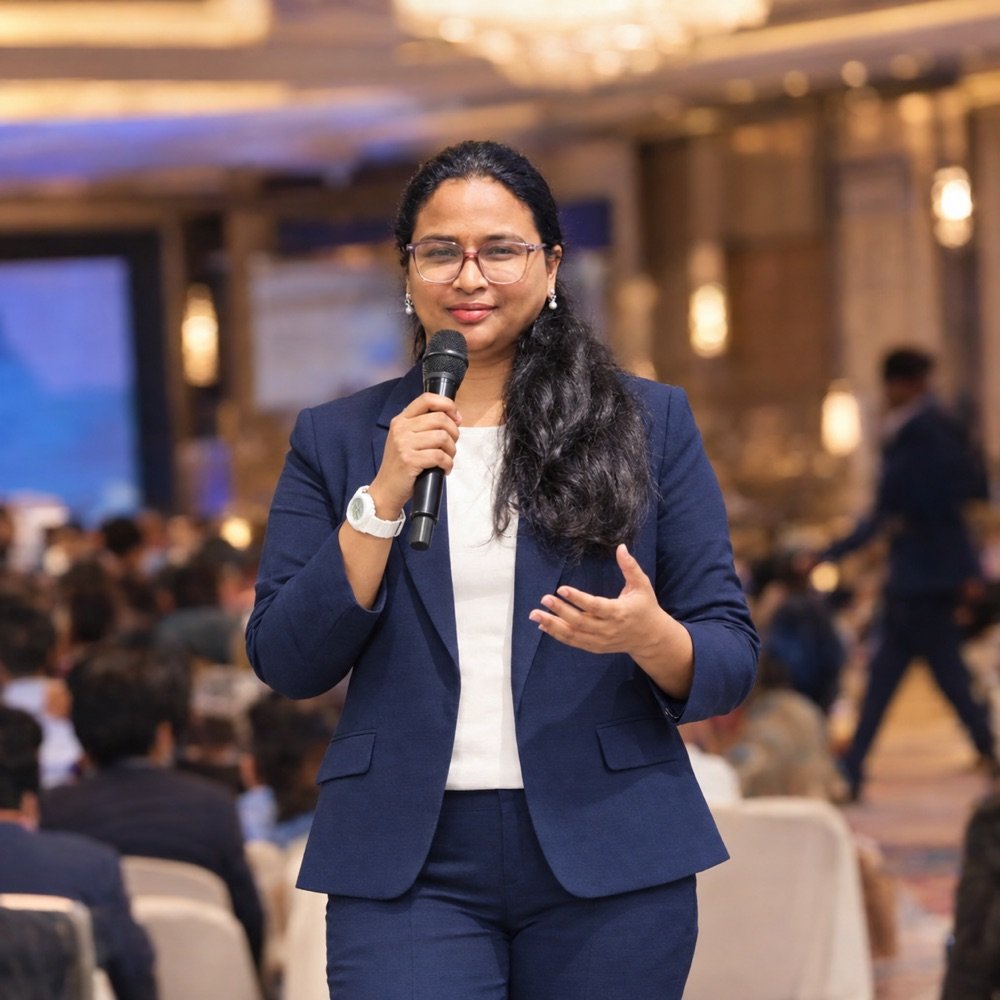 S Sudha Padmaja, founder of Laxmisai Associates, speaking at an event