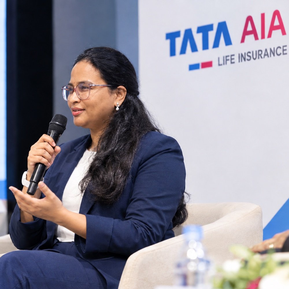S Sudha Padmaja speaking on a Tata AIA Life Insurance leadership panel